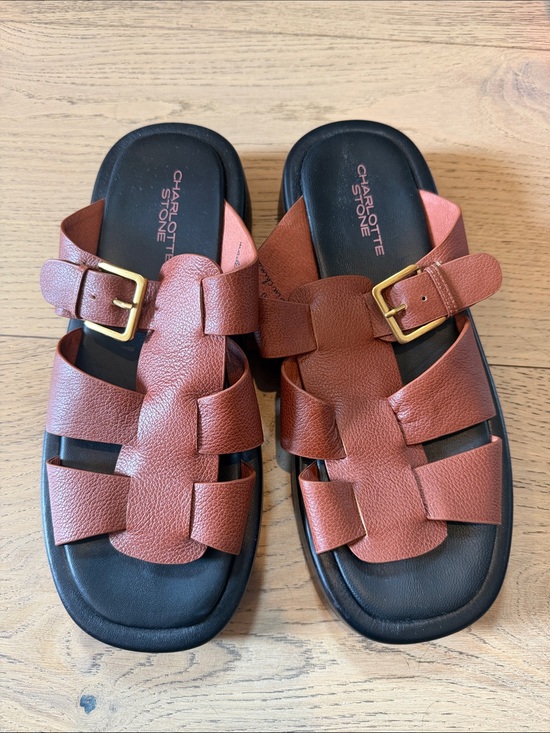 Charlotte Stone Shoes - Charlotte Stone brown Woven Leather Slide Sandals with Gold Buckles
